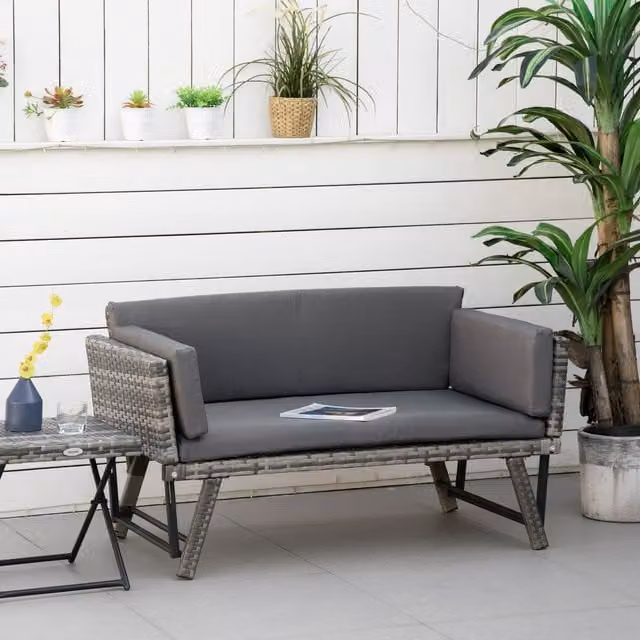 Outsunny Wicker Convertible Sofa Bed with Rattan Chaise in Grey