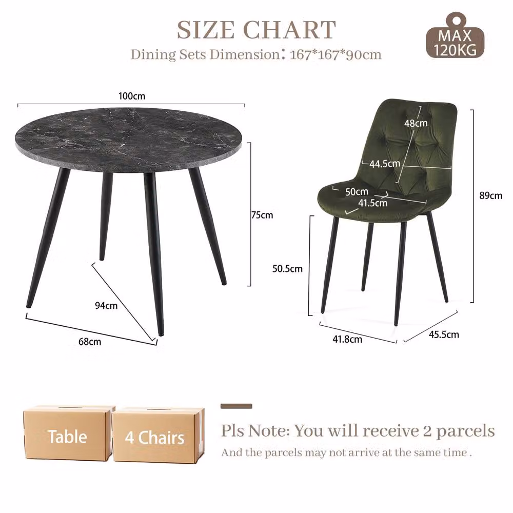 SONARA Black Marble Round Dining Table with 4 Green Velvet Upholstered Chairs – 2