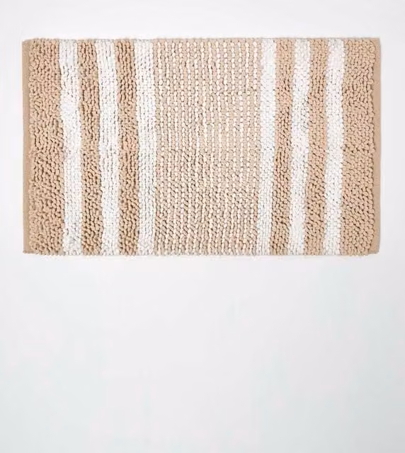 Homescapes Striped Cotton Bath Mat in White and Beige, W/D/H: 50 x 80 cm