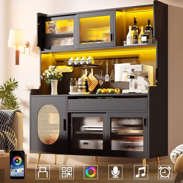 Rolipo Country Style 5-Door Kitchen Buffet Sideboard with Integrated LED Light in Black – 1