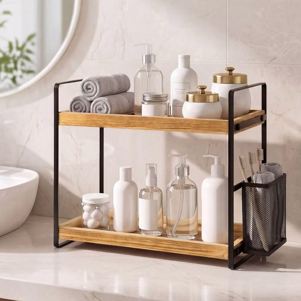 Levede 2 Tier Industrial Bathroom Organiser and Skincare Vanity Shelf in Brown Pine Wood and Metal – 2