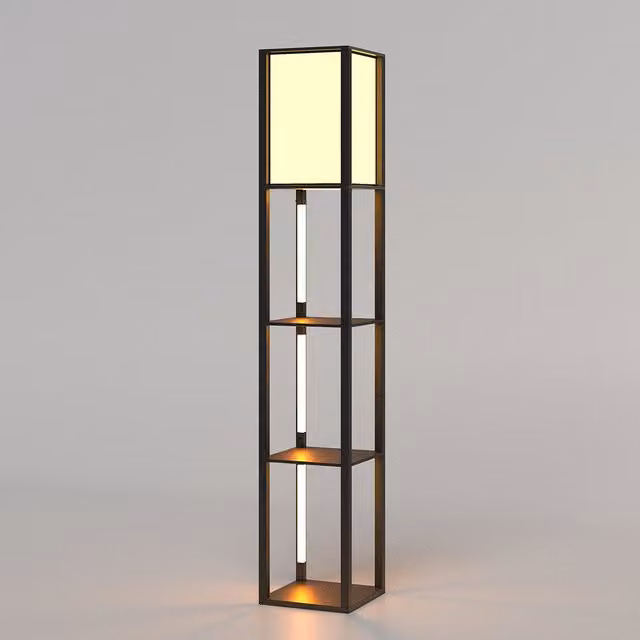Costway Modern Black Floor Lamp with Wood Shelves and 3 LED Strips – 1