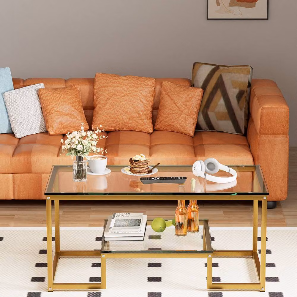 Huhote Modern Rectangular Glass Coffee Table with Gold Metal Frame – 5