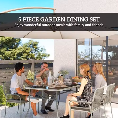 Outsunny 5 Piece Grey PE Rattan Garden Dining Set with Glass Top Table and Weather Resistant Cushions – 3