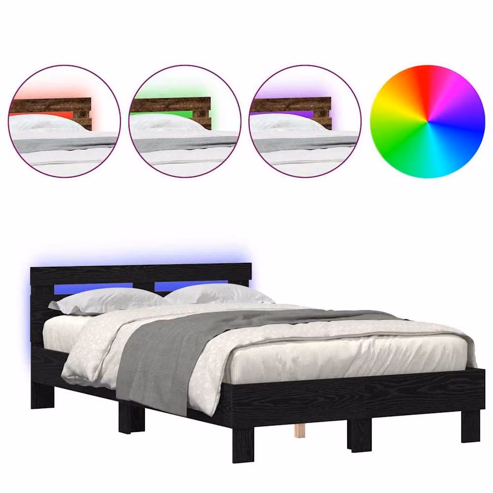 Berkfield Home Modern Slatted Bed Frame in Black Oak Engineered Wood with USB Charging Port and Under-bed Lighting – 3