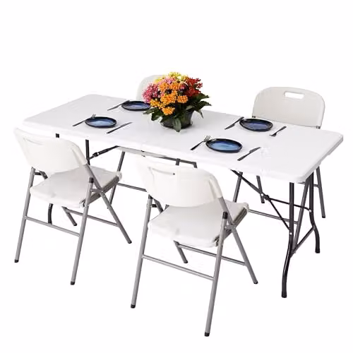 Novecrafto 6ft Rectangular Folding Table and 4 Folding Chairs Set in White with Powder Coated Steel Frames – 1