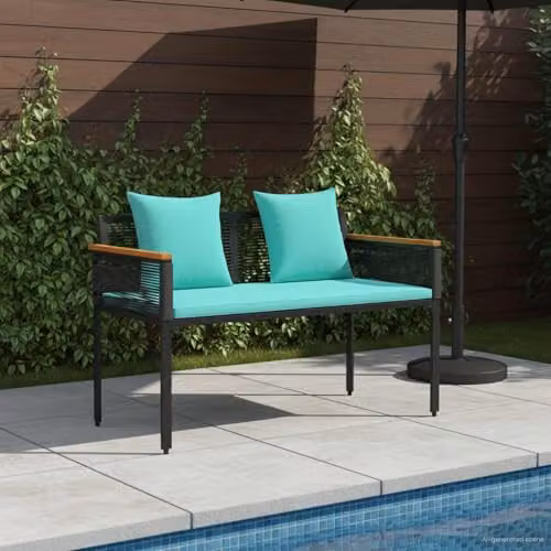 vidaXL 2-Seater Outdoor Poly Rattan Bench in Black and Turquoise, W/D/H: 117 x 54 x 74.5 cm – 2
