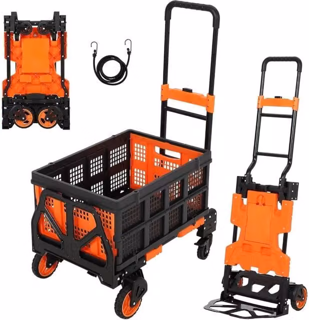 VOGREX 2-in-1 Heavy Duty Folding Hand Truck with Basket, Orange