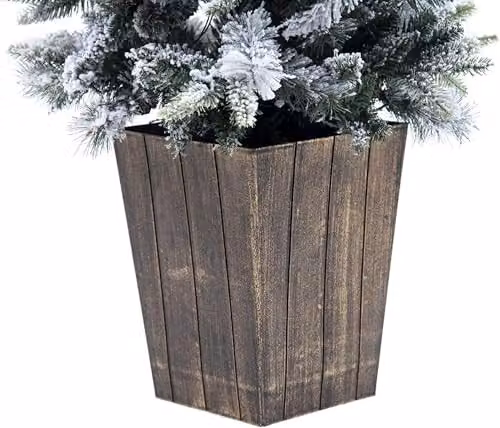 Shatchi 1.2m Pre-Lit Snow Flocked Potted Christmas Tree with 80 Warm White LED Lights, Pine Cones and Red Berries in White and Red – 10