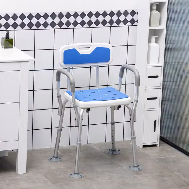HOMCOM EVA Padded Shower Stool with Back, Arms and Foot Pads in Blue