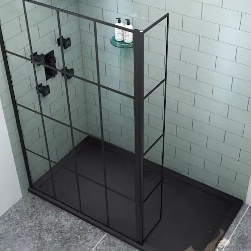 Royal Bathrooms Milan Matt Black Grid 300mm Wet Room Flipper Panel with 8mm Easy Clean Clear Glass