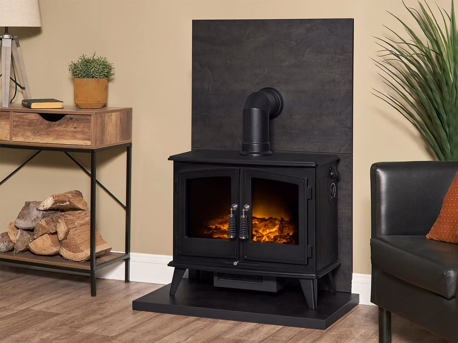 Acantha Fires & Fireplaces Tile and Hearth Set in Bronze Venetian Plaster Effect with Woodhouse Stove and Black Angled Pipe – 2