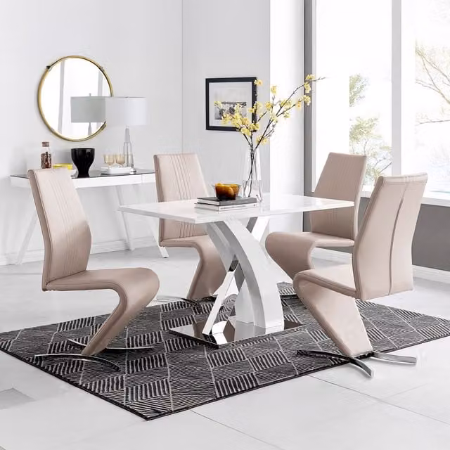 FurnitureboxUK Atlanta White High Gloss Rectangular Dining Table and 4 Willow Dining Chairs Set in Cappuccino