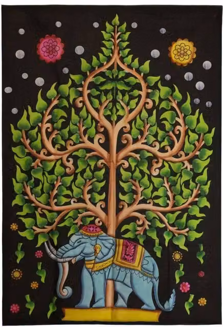 KDMD Cotton Textile Wall Hanging with Elephant and Tree of Life Design in Multicolour, W: 70 cm, H: 110 cm