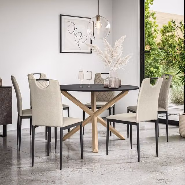 More4Homes Malvern Round Black Dining Table Set with Solid Oak Legs and 6 Beige Monza Linen Chairs, Diameter: 120 cm, Height: 75 cm