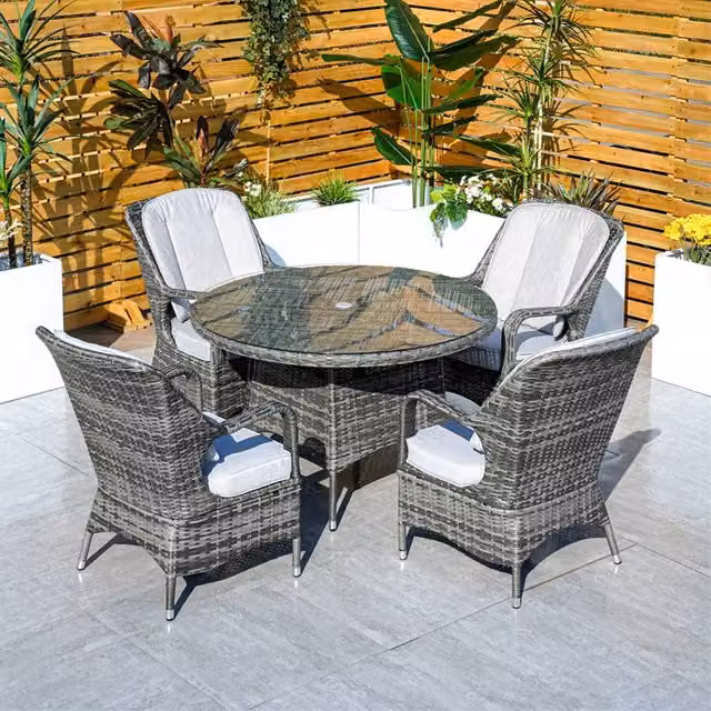 Direct Wicker 4-Seater Round Garden Dining Set in Grey with Powder Coated Aluminium Frame and Glass Top – 1