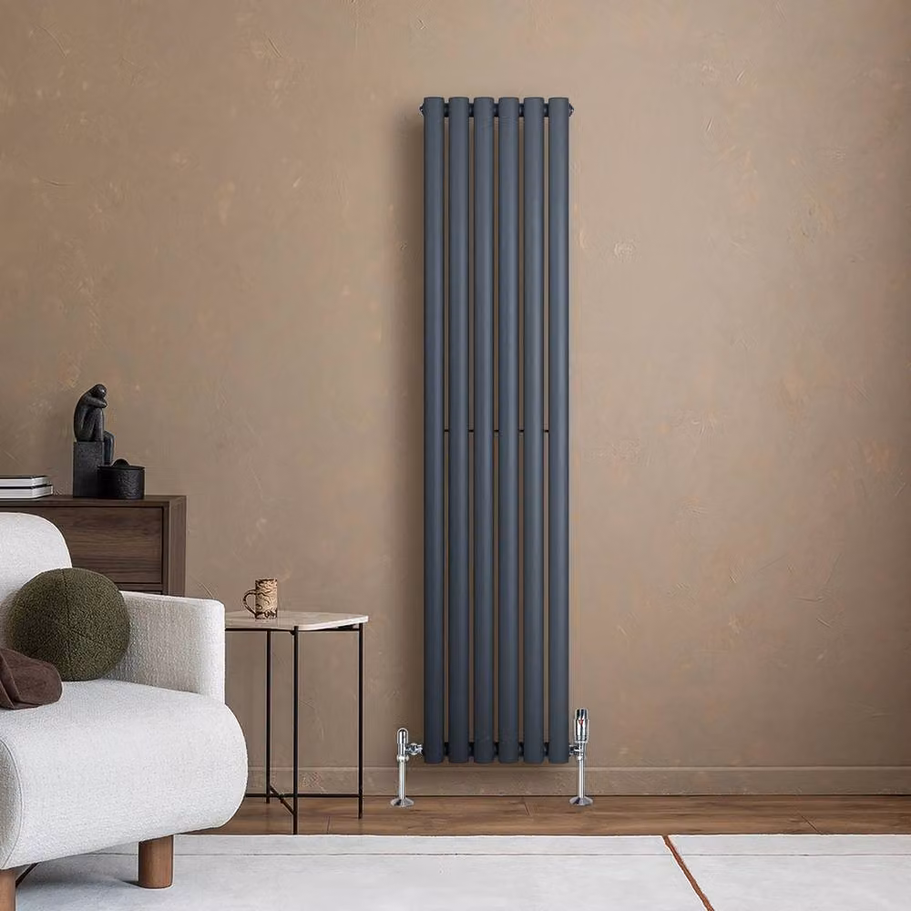 Monstershop Oval Single Column Steel Radiator and Valves with Thermostat Head, Anthracite Grey, H: 160 cm, W: 36 cm – 4