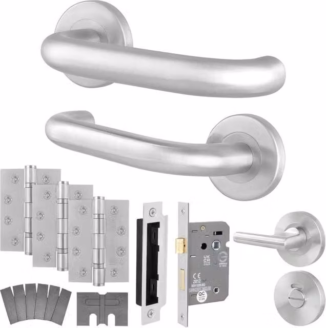AFIT Satin Stainless Steel Fire Rated Return to Door Handles with Bath Lock and 64mm Hinges in Silver, W x H: 150 x 150 mm