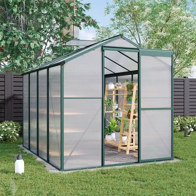 Breeins Aluminium Frame Greenhouse with Window and Polycarbonate Panels, Green and Transparent, 243.84 x 182.88 x 243.84 cm