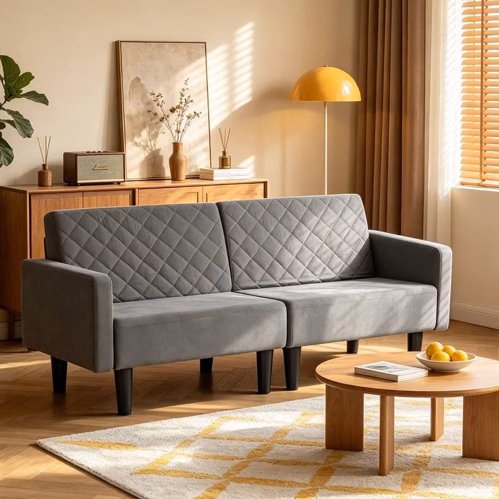 KORVIXA Grey Velvet Convertible Folding Futon Sofa Bed with Wood Frame, W/D/H: 100 x 100 x 100 cm – 4