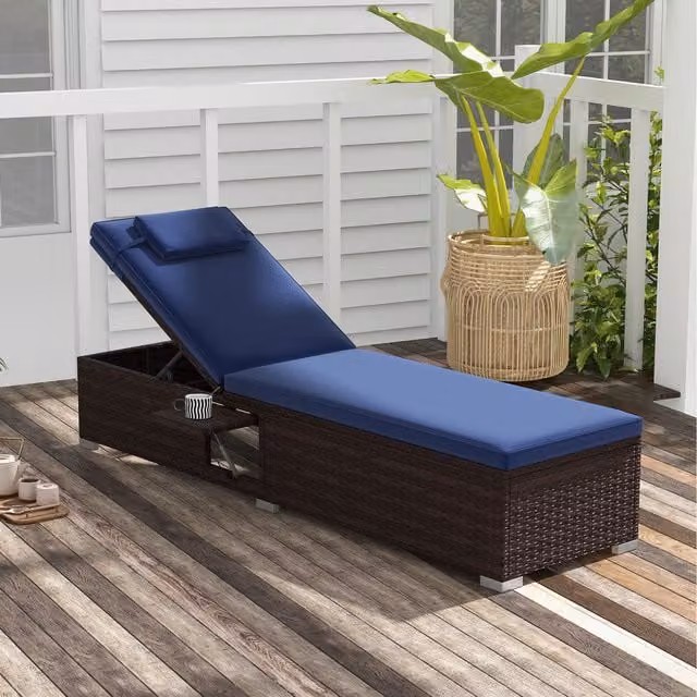 COSTWAY Blue Polyrattan Outdoor Lounge Chair with 6-Level Adjustable Backrest and Headrest