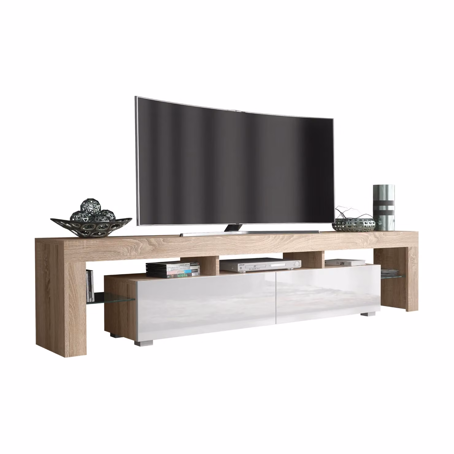 Creative Furniture Modern TV Unit in Oak with High Gloss White Doors, W: 200 cm, D: 45 cm, H: 35 cm – 2