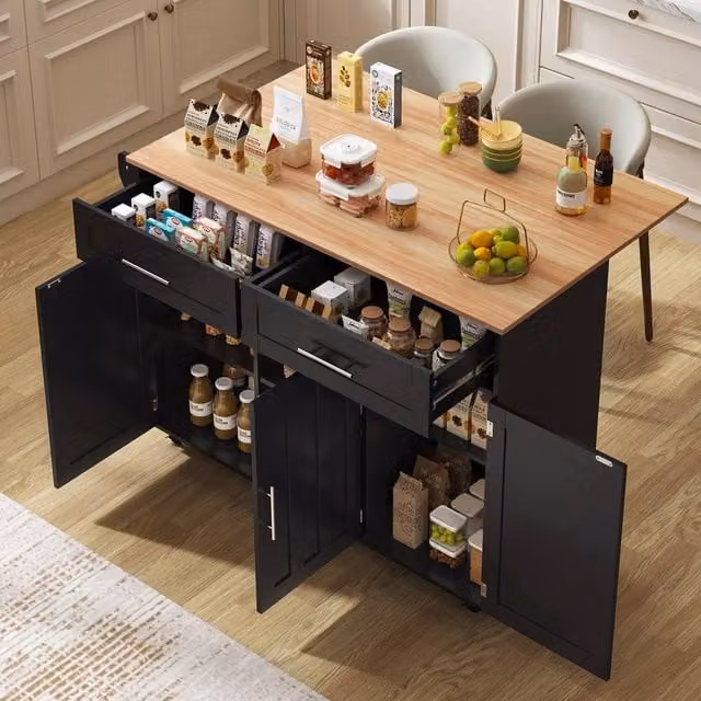 Matteo Kitchen Island with Foldable Top, Adjustable Shelves and Wheels in Black – 1