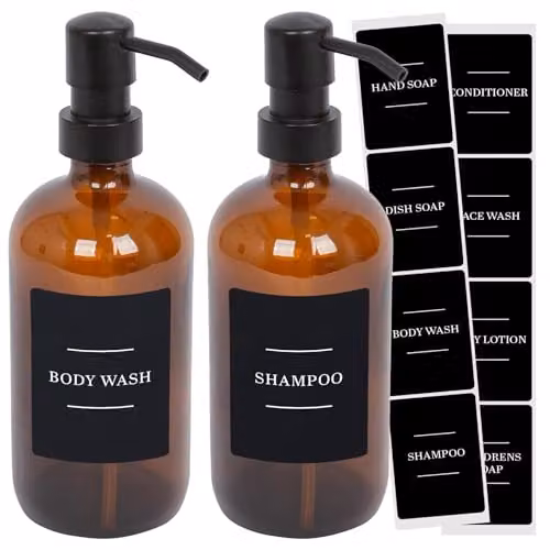 Harbour Housewares Glass Soap Dispensers with Labels, Pack of 2, 500ml, Orange with Black Labels – 1
