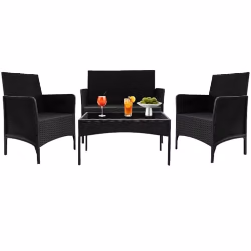 Alivio 4 Piece Rattan Furniture Set in Black with Coffee Table, 2 Seater Sofa, Armchairs and Cushions for Garden, Terrace or Balcony