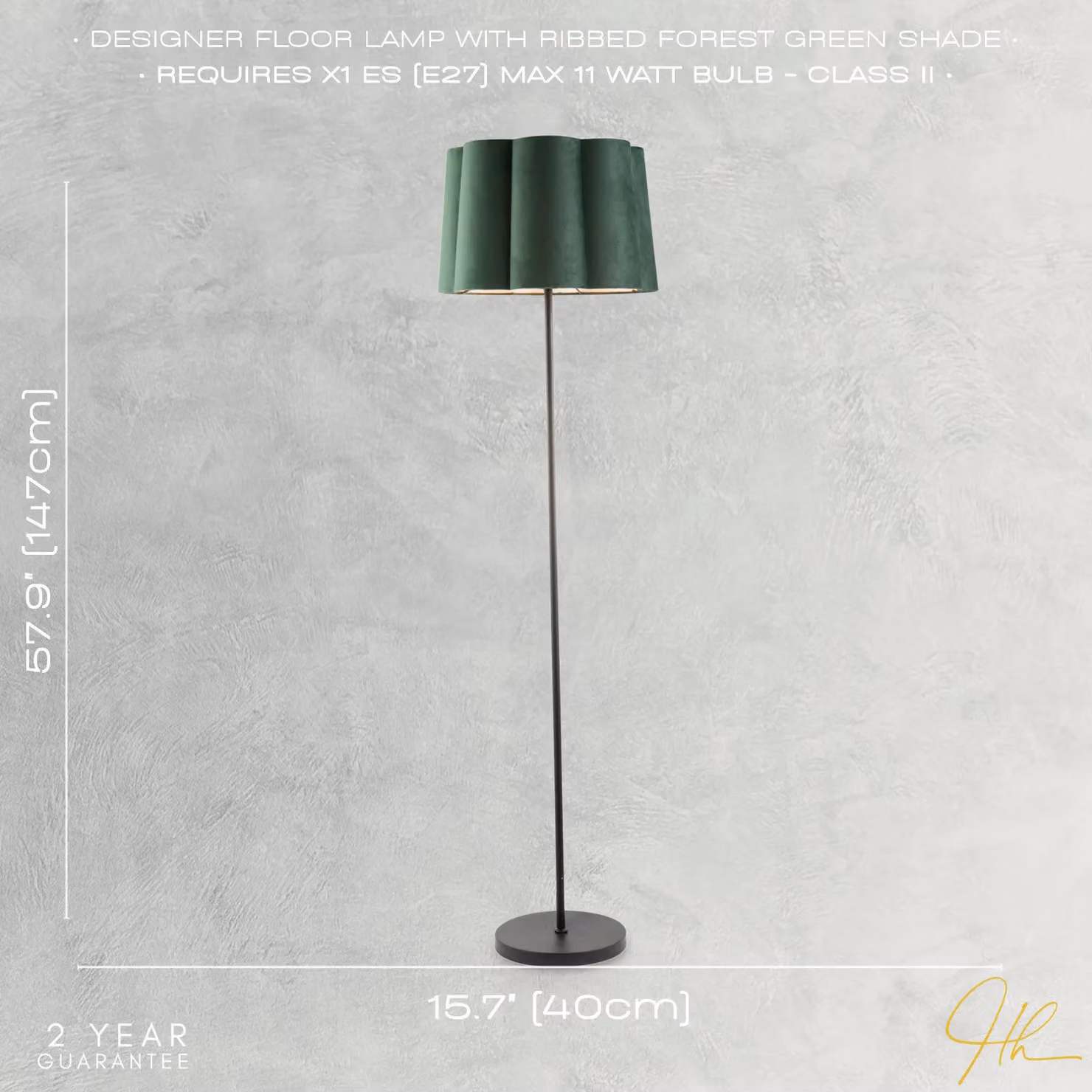 Happy Homewares Modern Matte Black Floor Lamp with Forest Green Velvet Scallop Shade, Height: 147 cm – 4