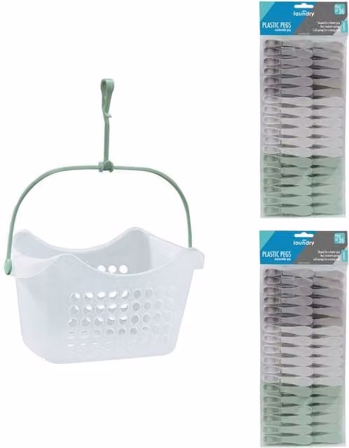 JVL Peg Basket with 72 Plastic Clothes Pegs in Assorted Grey, White and Green