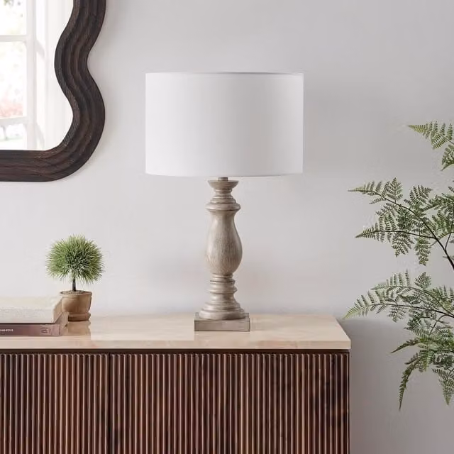 Furniturebox UK Maurice Grey Turned Wood Style Table Lamp with Beige Fabric Shade