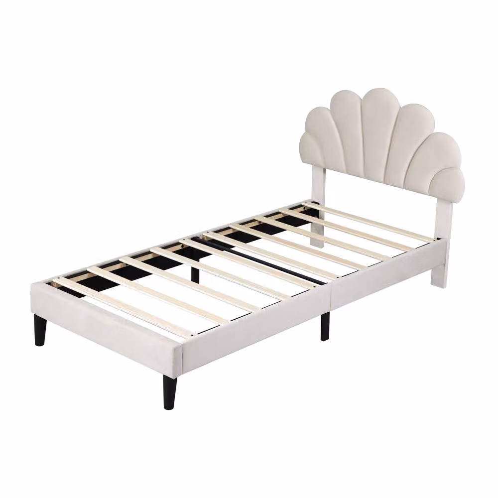 ModernLuxe Upholstered Single Bed with Adjustable Petal Headboard in Beige, W/D/H: 90 x 190 x 107 cm – 3