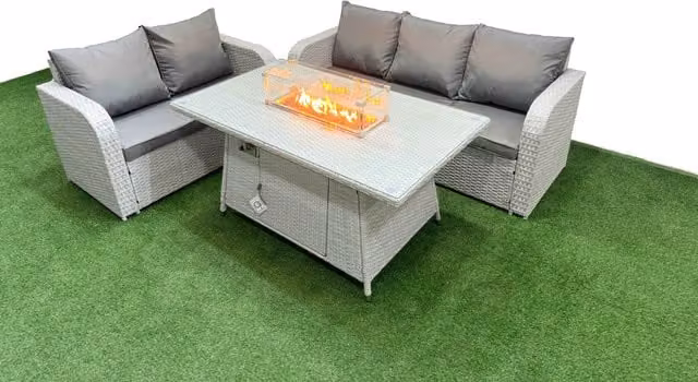 Fimous 5 Seater PE Rattan Wicker Garden Furniture Set with Firepit Dining Table, 3 Seater Sofa and Love Seat in Light Grey