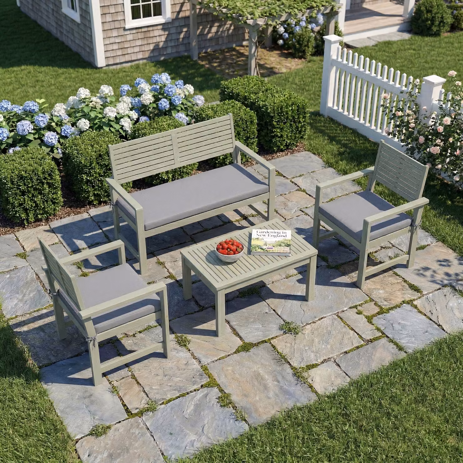 Outsunny 4 Seater Acacia Wood Garden Furniture Set in Light Grey with Loveseat, Armchairs, Coffee Table and Cushions – 2