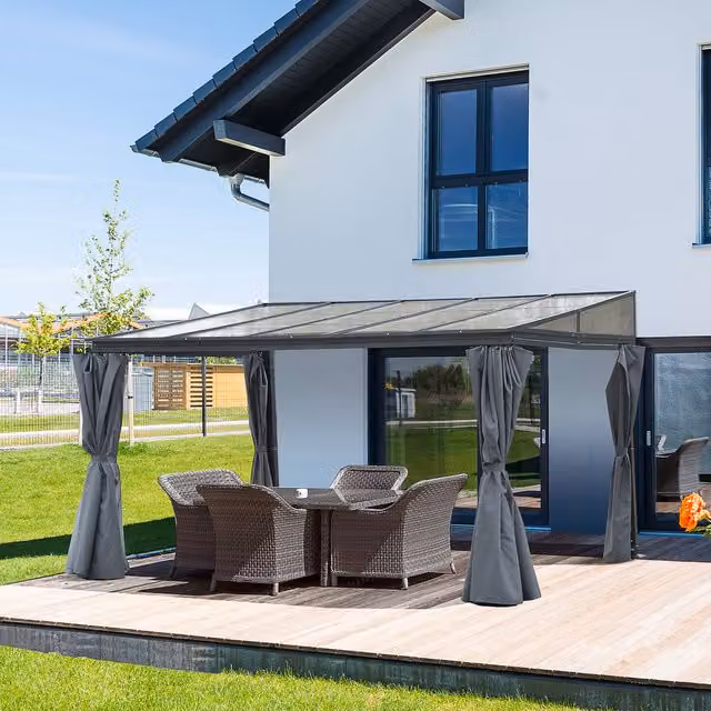 Outsunny Modern Lean-to Pergola Gazebo with Polycarbonate Roof in Grey, W: 400 cm, D: 300 cm, H: 245 cm