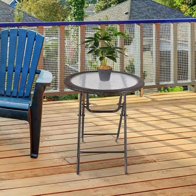 Outsunny Folding Round Tempered Glass and Metal Table in Brown