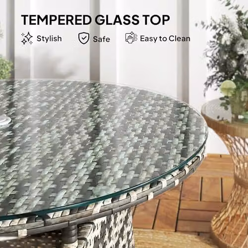 Outsunny Grey Wicker Rattan Garden Table with Tempered Glass Top and Umbrella Hole – 5