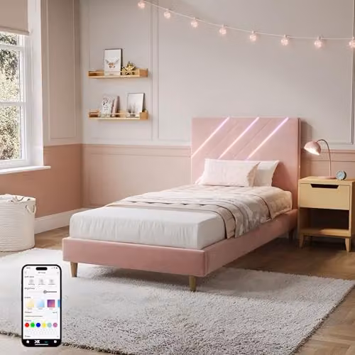 X-Rocker Lily Single Bed Frame in Pink with Upholstered Velvet and Under-Bed LED Lighting, W/D/H: 90 x 190 cm – 1
