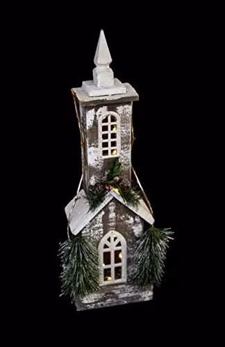 SHATCHI Rustic Wooden Christmas House Tabletop Centrepiece with Berries, Pines and 10 Warm White Bulbs, Height: 52 cm – 6