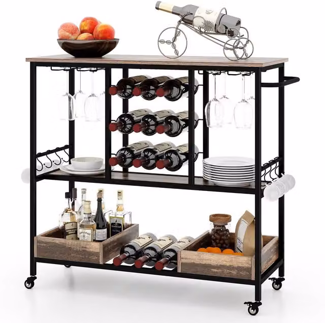 Costway 3 Tier Kitchen Bar Cart with Glass Racks in Grey