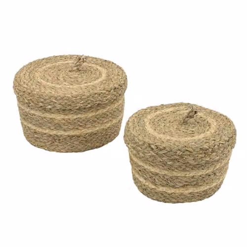 JVL Palma Set of 2 Natural Round Open Weave Storage Baskets with Lids and Handles in Sand and Beige, W/D/H: 20 x 20 x 12 cm and 20 x 20 x 4.5 cm