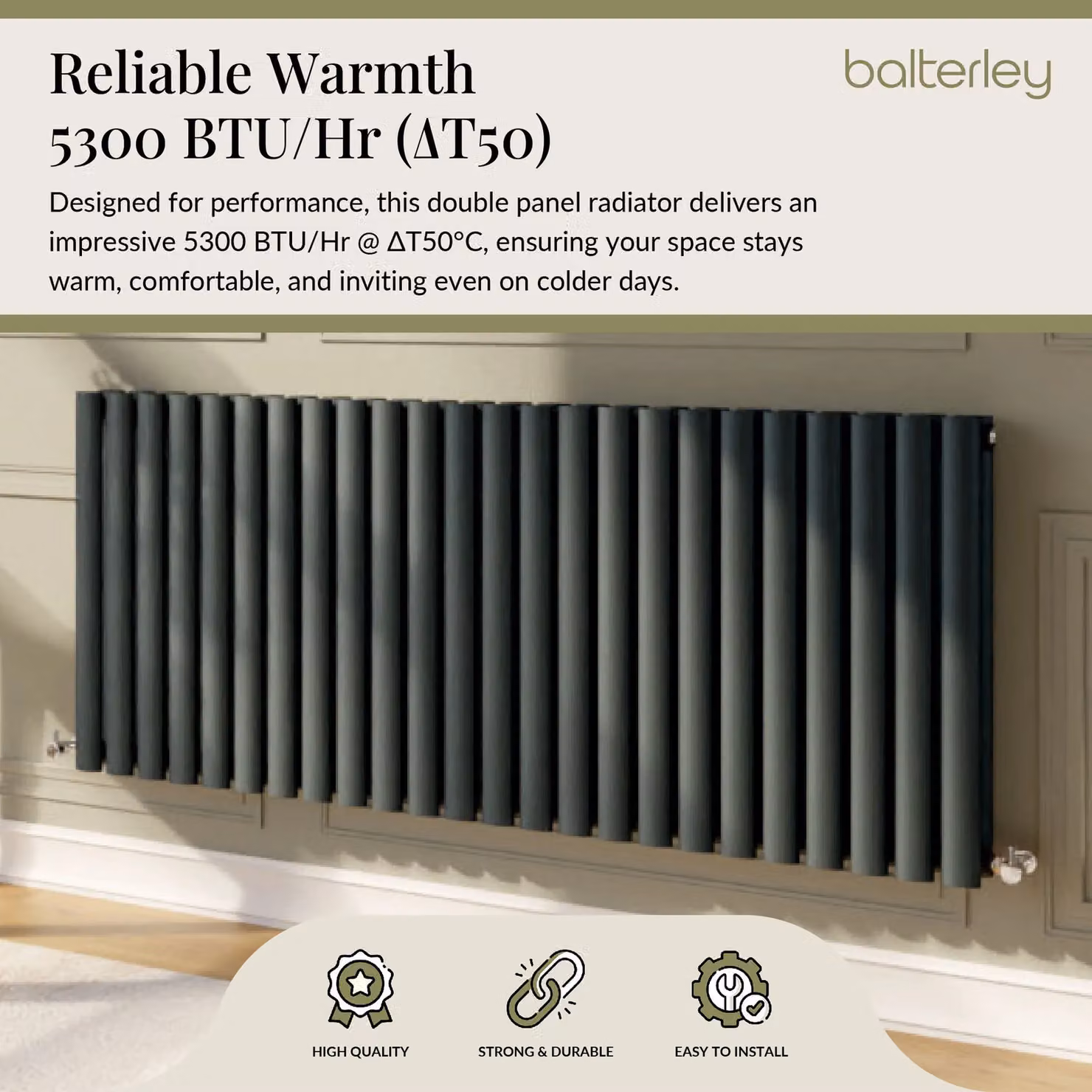 Balterley Embrace Horizontal Double Panel Radiator, Anthracite Grey, W: 139.8 cm, H: 60 cm, D: 10.6 cm – 3