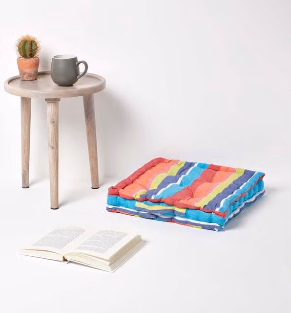 Homescapes Cotton Multicoloured Stripe Floor Cushion in Pink, Height: 10 cm