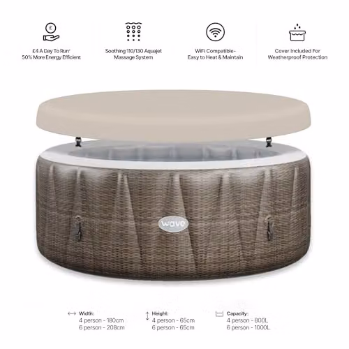 Wave Atlantic 6 Person Inflatable Round Hot Tub in Brown Rattan with Integrated Heater and BubbleJet Massage – 4