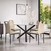 More4Homes Malvern Round Dining Table and 4 Monza Faux Leather Chairs Set, Clear Glass Top with Black Oak Legs and Beige Chairs, Diameter: 120 cm, Height: 75 cm – 1