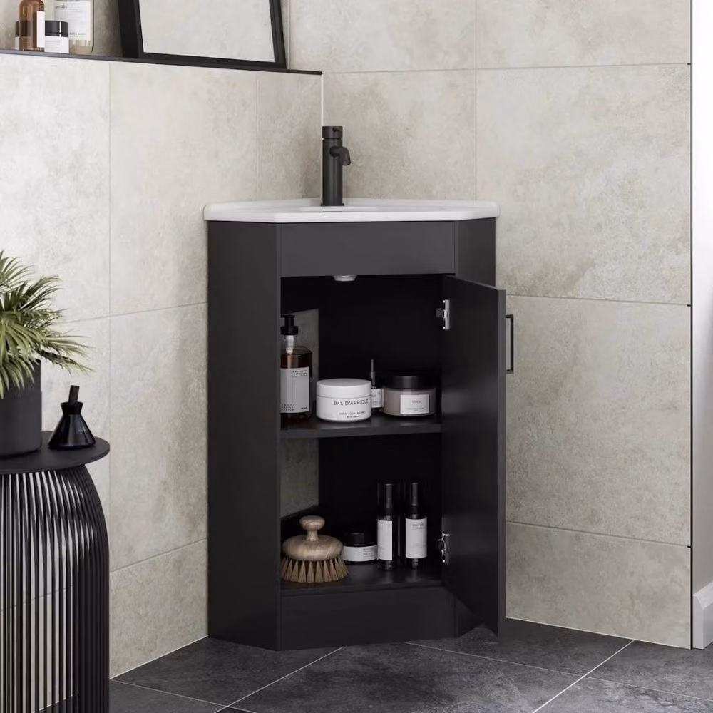 FORGEVIO Modern Black Matt Freestanding Corner Bathroom Vanity Unit with Single Hinged Door and Internal Shelves – 4