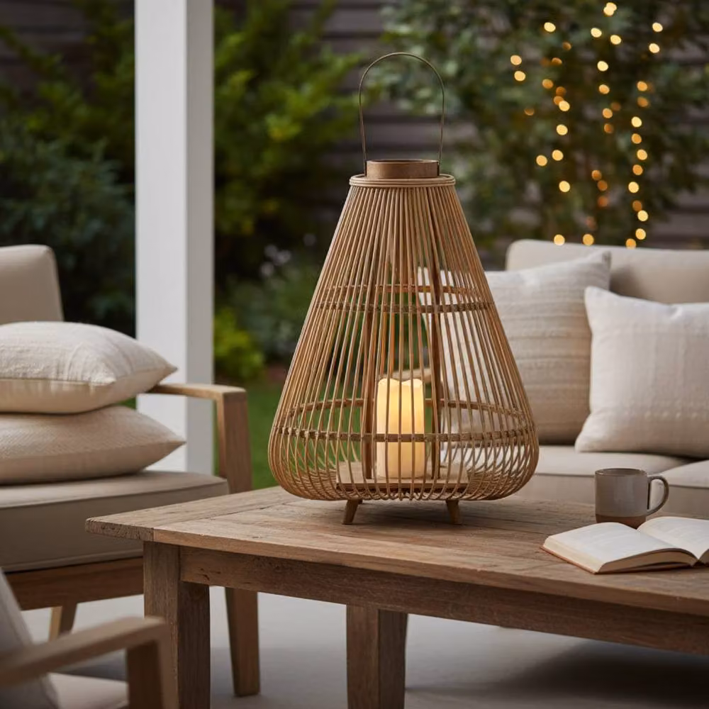 Four Candle Large Brown Bamboo and Rattan Tabletop Lantern with LED Pillar Candle – 2