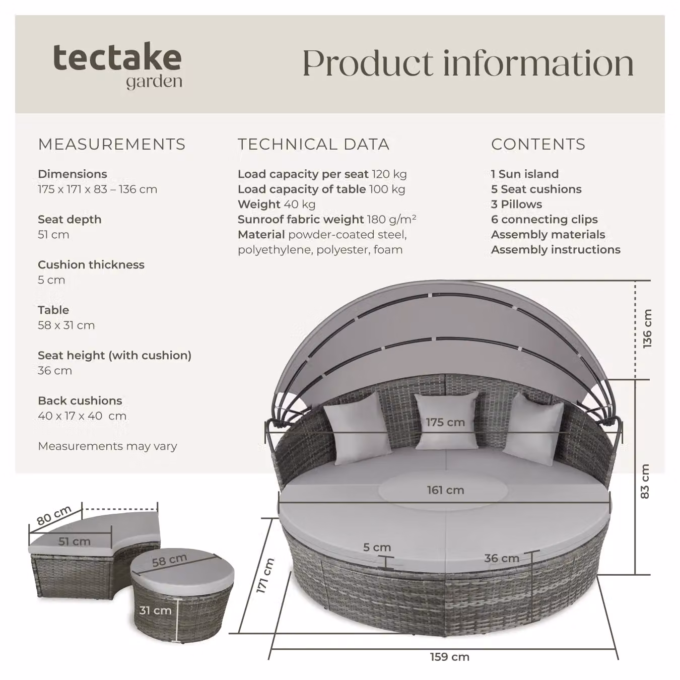 tectake Santorini Modular Garden Sun Lounger Set with Shade Canopy in Grey for 4 Adults – 6