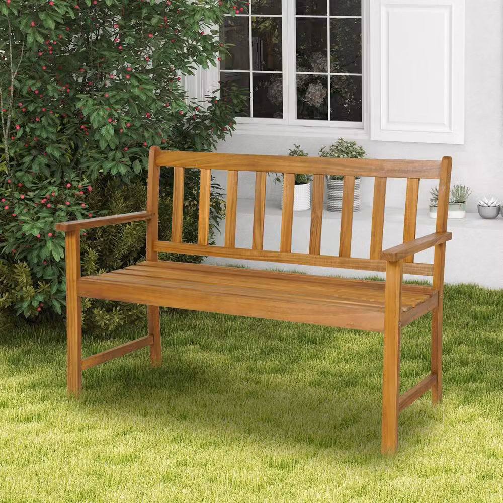Costway 2-Person Outdoor Acacia Wood Garden Bench with Armrests in Natural Brown – 7